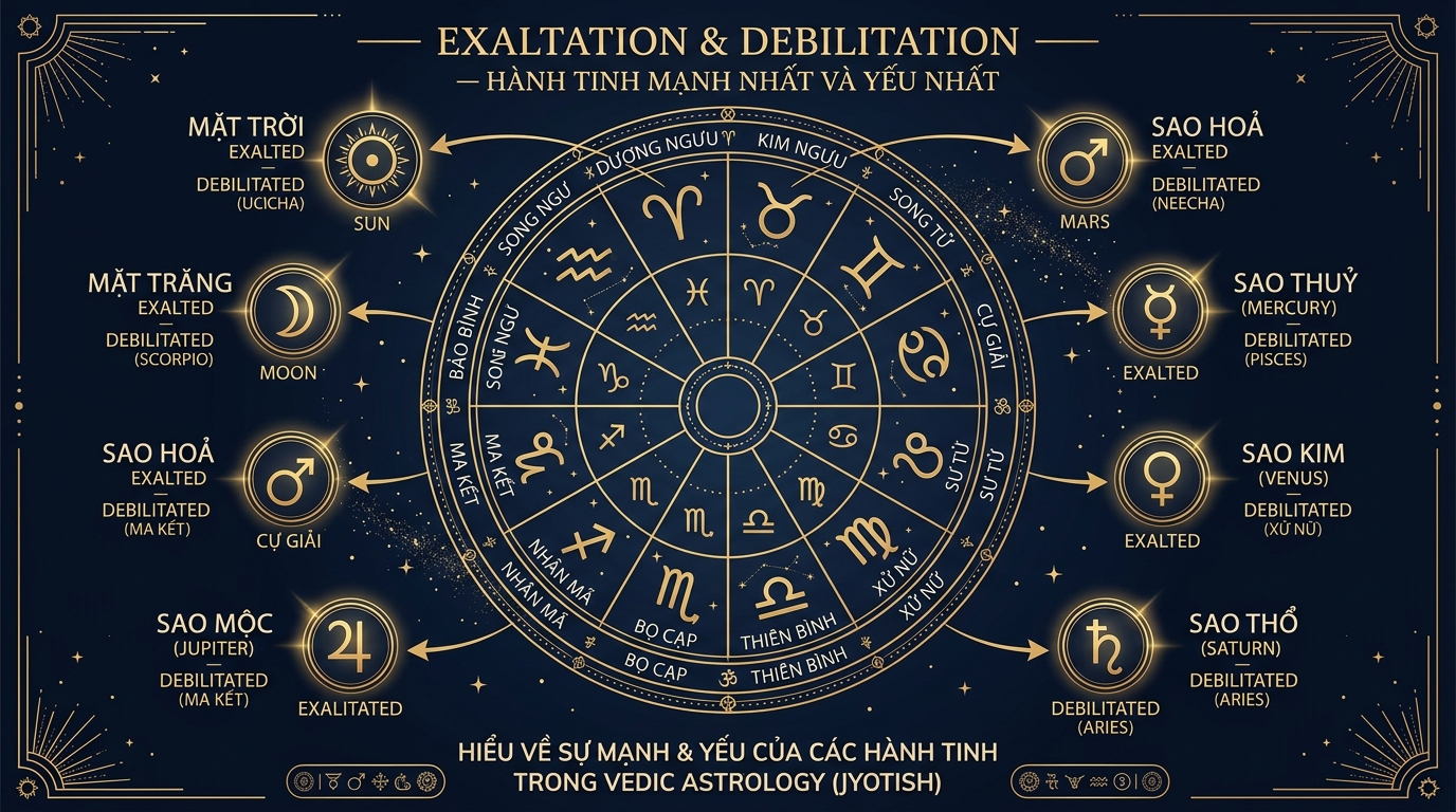 Ucca & Neecha trong Chiêm Tinh Vedic: Mạnh Nhất & Yếu Nhất